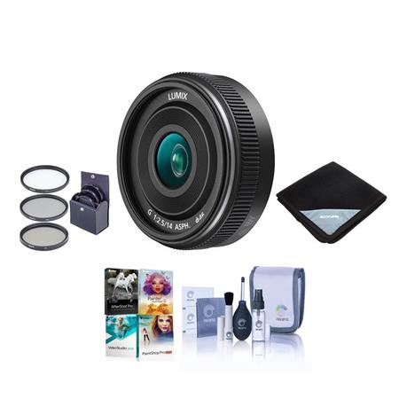Panasonic Lumix G 14mm f/2.5 II Aspherical Lens for Micro Four Thirds,  Bundle with Bower 46mm Filter Kit, Lens Wrap, Cleaning Kit, PC Software Kit