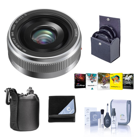 Panasonic Lumix G 20mm f/1.7 II Aspherical Lens for Micro Four Thirds, Silver, Bundle with 46mm Filter Kit, Lens Case, Lens Wrap, Cleaning Kit, Software Kit