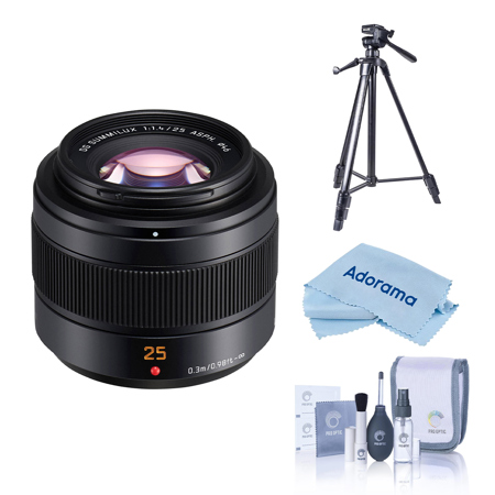Panasonic LUMIX G Leica DG Summilux II 25mm f/1.4 Aspherical Lens for Micro Four Thirds, Bundle with Slik U8800L 3-Section Aluminum Tripod with Hybrid 3-Way Pan Head, Cleaning Kit, Cleaning Cloth