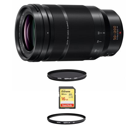 Panasonic LUMIX G Leica DG Vario-Elmarit 50-200mm f/2.8-4 Aspherical Lens for Micro Four Thirds, Bundle with Hoya 52mm UV+CPL Filter Kit, 32GB SDHC Card, Cleaning Cloth