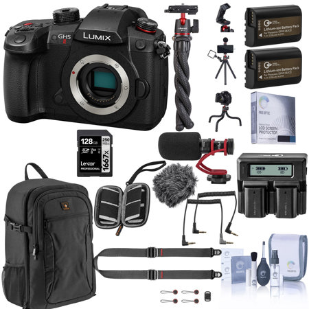 Panasonic LUMIX GH5II Mirrorless Camera Bundle with 128GB SD Card, Backpack, 2x Extra Battery, Dual Charger, Shoulder Strap, Mic, Octopus Tripod and Accessories