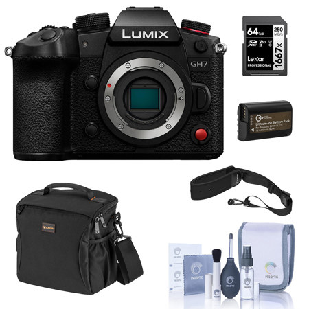 Panasonic LUMIX GH7 Mirrorless Camera, Bundle with 64GB Memory Card, Li-Ion Battery, Shoulder Bag, Camera Strap and Cleaning Kit