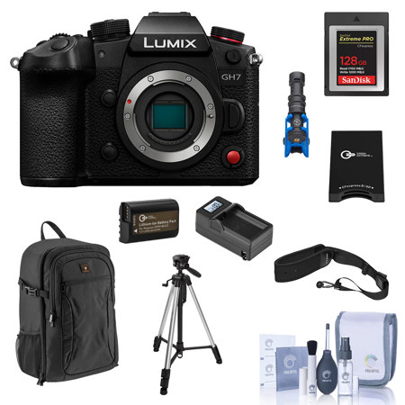 Panasonic LUMIX GH7 Mirrorless Camera, Bundle with 128GB Memory Card, Al 3-Section Tripod, Shotgun Microphone and Backpack