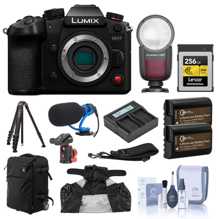 Panasonic LUMIX GH7 Mirrorless Camera, Bundle with 256GB Memory Card, Al 4-Section Tripod, Shotgun Microphone and TTL Flash Speedlight