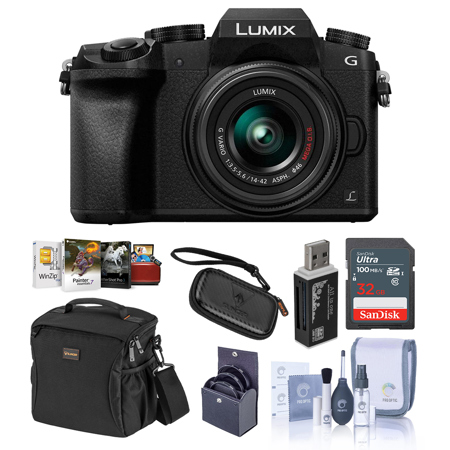 Panasonic LUMIX DMC-G7 Mirrorless Micro Four Thirds Camera with 14-42mm Lens, Black - Bundle with Camera Case, 32GB SDHC Card, Cleaning Kit, Memory Wallet, Card Reader, 46mm UV Filter, Mac Software Package
