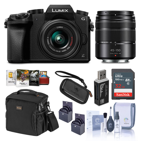 Panasonic LUMIX DMC-G7 Mirrorless Camera with LUMIX G Vario 14-42mm and 45-150mm Lenses Lens, Black - Bundle with Camera Case, 32GB SDHC Card, 46mm/52mm UV Filters, Mac Software Pack And More