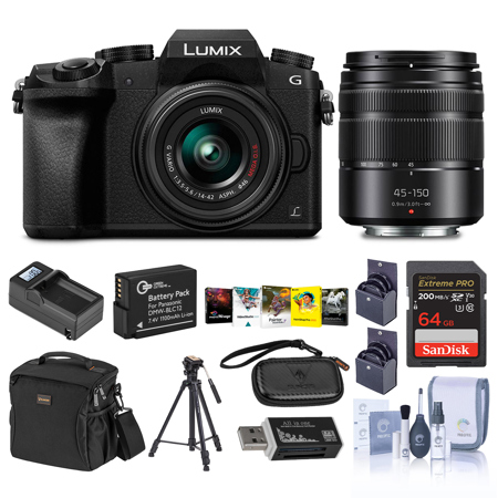 Panasonic LUMIX DMC-G7 Mirrorless Camera with LUMIX G Vario 14-42mm and 45-150mm Lenses Lens, Black - Bundle with Camera Case, 64GB SDXC U3 Card, Spare Battery, Tripod, Software Package, And More