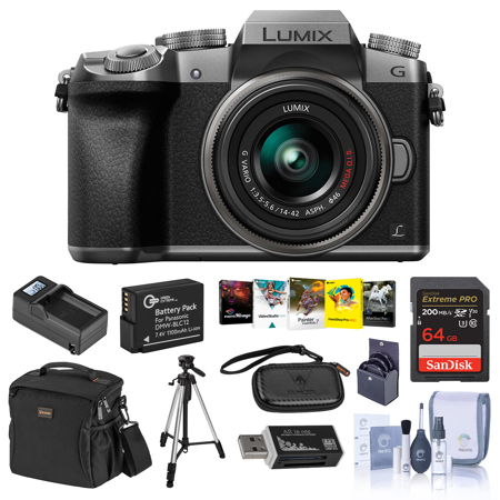 Panasonic LUMIX DMC-G7 Mirrorless Micro Four Thirds Camera with 14-42mm Lens, Silver - Bundle with Camera Case, 64GB SDXC U3 Card, Spare Battery, Tripod, 46mm Filter Kit, Software Package, And More