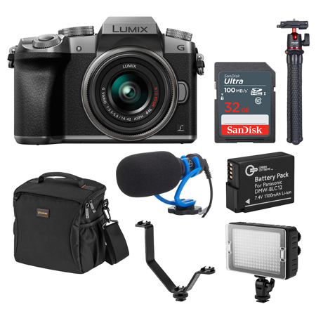 Panasonic LUMIX DMC-G7 Mirrorless Camera with LUMIX G Vario 14-42mm Lens, Silver, Bundle with Tripod, Microphone, Triple Shoe V-Bracket, On Camera LED Light, 32GB UHS-I Memory Card, Extra Battery, Bag