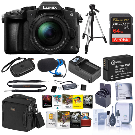 Panasonic LUMIX DMC-G85 Mirrorless Camera with 12-60mm f/3.5-5.6 Lens, Black, Bundle with 64GB Memory Card, Microphone, Tripod, Battery, Charger Kit, Memory Card Wallet, 58mm Filter Kit, PC & Mac Software Kit