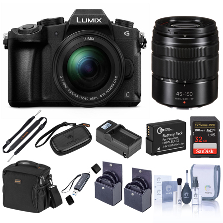 Panasonic LUMIX DMC-G85 Mirrorless Camera with 12-60mm f/3.5-5.6 Lens, Bundle with 45-150mm f/4.0-5.6 Lens, Black, 32GB Memory Card, Battery, Charger Kit, 52mm & 58mm Filter Kit, OTG Card Reader, Sling Strap