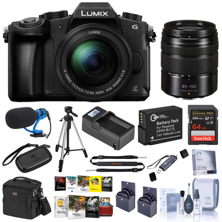 Panasonic LUMIX DMC-G85 Mirrorless Camera with 12-60mm f/3.5-5.6 Lens, Bundle with 45-150mm f/4.0-5.6 Lens, Black, 64GB Memory Card, Microphone, Tripod, Battery, Charger Kit, 52mm & 58mm Filter Kit, PC & Mac Software Kit