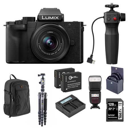 Panasonic LUMIX DC-G100D Mirrorless Camera with G Vario 12-32mm f/3.5-5.6 ASPH OIS Lens and Tripod Grip, Bundle with Speedlight Flash, Travel Tripod, 2x Battery, 2x Charger Plate