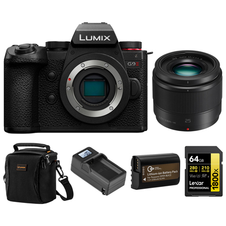 Panasonic LUMIX G9II Mirrorless Camera with LUMIX G 25mm f/1.7 Aspherical Lens, Bundle with 64GB SDXC Memory Card, Shoulder Bag, DMW-BLK22 Battery and Charger