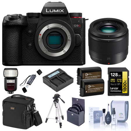 Panasonic LUMIX G9II Mirrorless Camera with LUMIX G 25mm f/1.7 Lens, Bundle with Zoom Li-on III R2 Flash, 128GB SDXC Memory Card, Tripod, 2x DMW-BLK22 Battery and Charger, 46mm Filter Kit