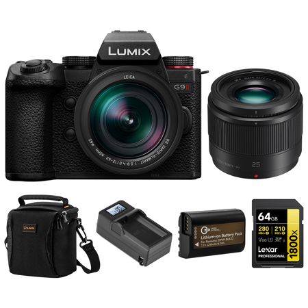 Panasonic LUMIX G9II Mirrorless Camera with LUMIX G Leica DG Vario-Elmarit 12-60mm f/2.8-4 Lens and 25mm f/1.7 Lens, Bundle with 64GB SDXC Memory Card, Shoulder Bag, DMW-BLK22 Battery and Charger