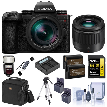 Panasonic LUMIX G9II Mirrorless Camera with LUMIX G Leica DG 12-60mm f/2.8-4 Lens and 25mm f/1.7 Lens, Bundle with Zoom R2 Flash, 128GB Memory Card, 2x DMW-BLK22 Battery and Smart Charger, 62mm & 46mm Filter Kit