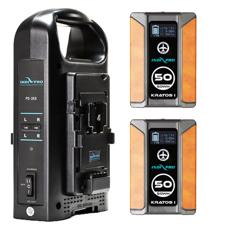 IndiPRO 2x Kratos 50Wh V-Mount Li-Ion Batteries and Dual V-Mount Battery Charger Kit