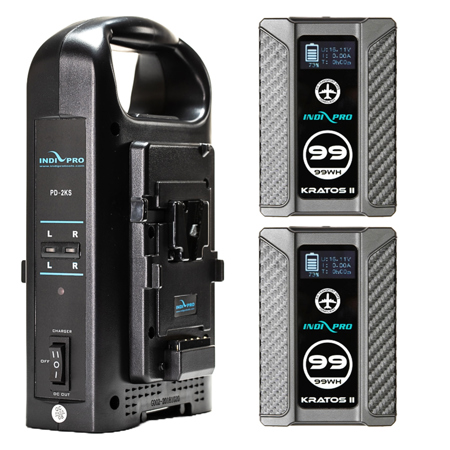 IndiPRO 2x Kratos 99Wh V-Mount Batteries and Dual V-Mount Battery Charger Kit