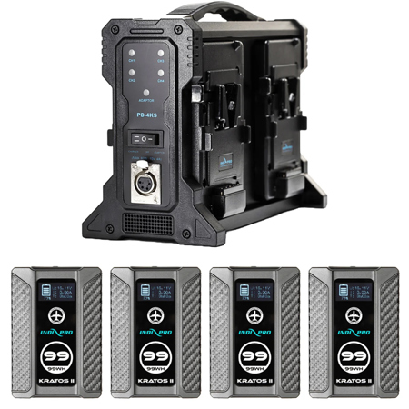 IndiPRO Tools 4x Kratos II 99Wh V-Mount Batteries with Quad Pro Charger, Black