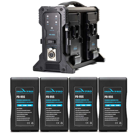 IndiPRO Four Compact 95Wh V-Mount Li-Ion Batteries and Quad Pro Battery Charger Kit