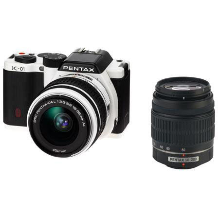 Pentax K-01 Digital Camera Dual Lens Bundle, White w/18-55mm + 50-200mm #15423