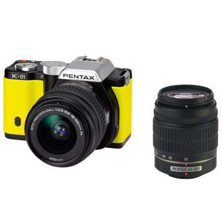 Pentax K-01 Digital Camera Dual Lens Bundle, Yellow w/18-55mm + 50-200mm #15274