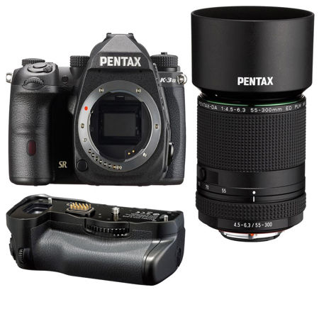 Pentax K-3 Mark III APS-C-Format DSLR Camera, Black With HD DA 55-300mm f/4.5-6.3 ED PLM  WR RE Telephoto Zoom Lens with Pentax D-BG8 Battery Grip Black