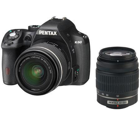 Pentax K-50 Digial SLR Camera Black,W/ 18-55 WR & 50-200 WR Lenses W/Acc Bundle