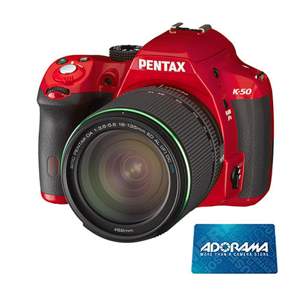 Pentax K50 DSLR Camera w/DA 18-135 WR Lens, Red, Bundle w/$50 Gift Certificate