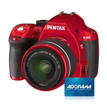Pentax K50 DSLR Camera w/DA L 18-55mm WR Lens, Red,Bundle w/$50 Gift Certificate