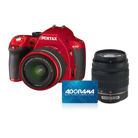 Pentax K50 DSLR Camera,DAL 18-55 WR/50-200 WR,Red, Bundle w/$50 Gift Certificate