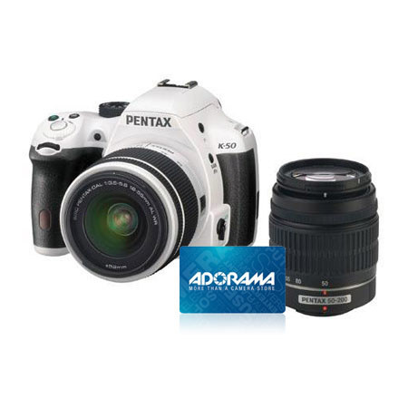Pentax K50 DSLR Camera w/18-55 WR/50-200 WR,White, Bundle w/$50 Gift Certificate