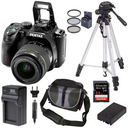 Pentax K-70 DSLR with 18-55mm WR Lens, Black with Essential Accessories Kit