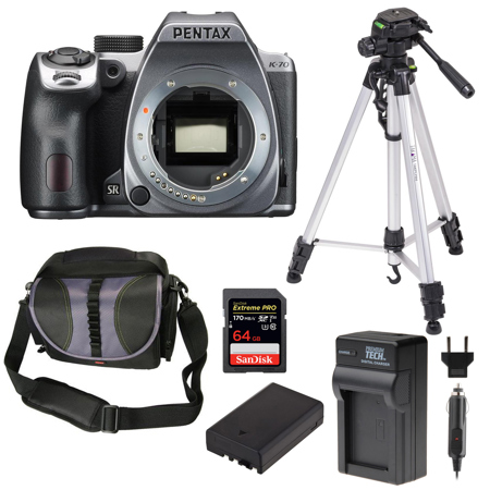 Pentax K-70 DSLR Body, Silver with Essential Accessories Kit
