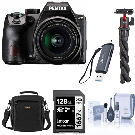 Pentax KF DSLR Camera with DA L 18-55mm f/3.5-5.6 AL WR Lens, Bundle with 128GB Memory Card, USB 3.0 OTG Card Reader, MT-11 Octopus Tripod and Shoulder Bag