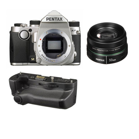 Pentax KP 24MP DSLR Camera, Silver with 50mm f/1.8 Lens, Battery Grip