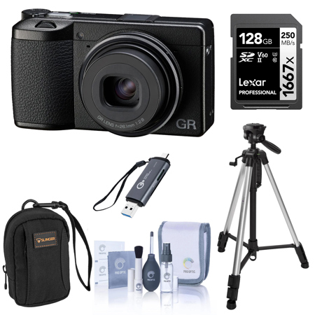 Ricoh GR IIIx HDF Digital Camera, Bundle with 128GB Memory Card with Reader, Camera Bag, Tripod, Includes Cleaning Accessories