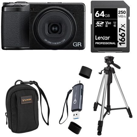 Ricoh GR IV Digital Camera, Bundle with 64GB Memory Card, Card Reader, Camera Bag, Tripod