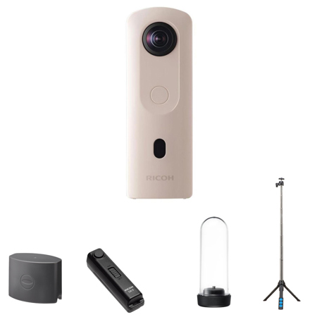 Ricoh THETA SC2 4K  Spherical Camera, Beige Bundle with Mini Tripod,  Ricoh TH Hard Case, Ricoh CA Cable Switch, Ricoh TL Lens Protector  Lens