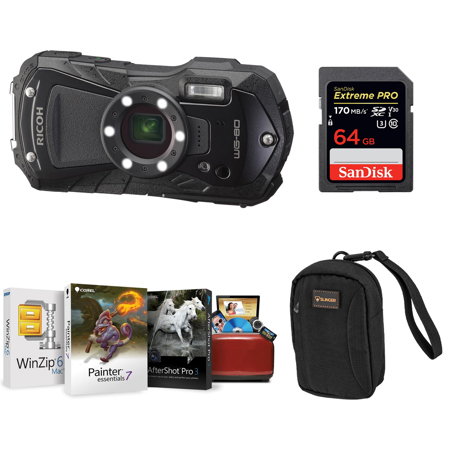 Ricoh WG-80 Waterproof Digital Camera, Black with Mac Software & Accessories Kit