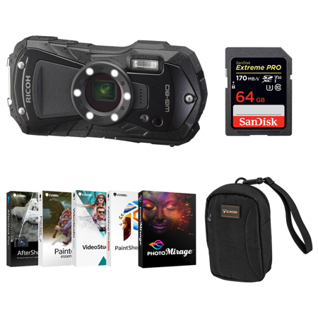 Ricoh WG-80 Waterproof Digital Camera, Black with PC Software & Accessories Kit