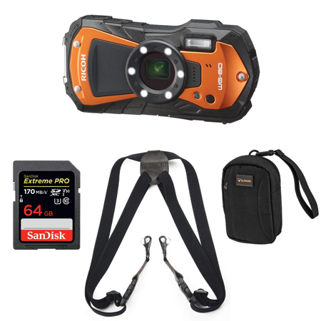 Ricoh WG-80 Waterproof Digital Camera, Orange with Accessories Kit 03128 AK