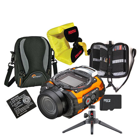 Ricoh WG M1 Action Camera, MP, Orange   Bundle with GB Class  SDHC  Card, Camera Case, Spare Battery, Aluminum Table Top Tripod, Floating  Strap,