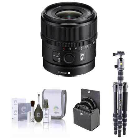 Sony E 15mm f/1.4 G Lens, Bundle with Vanguard VEO 3 GO 235AB 23mm 5-Section Aluminum Travel Tripod with T-50 Ball Head, 55mm Filter Kit, Cleaning Kit