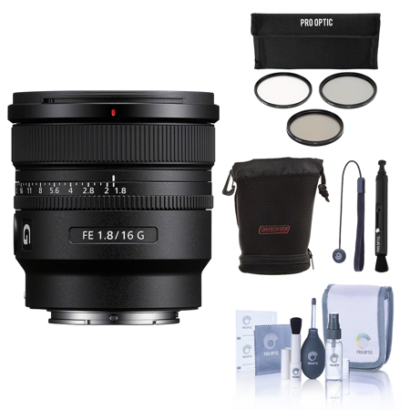 Sony FE 16mm f/1.8 G Lens, Black, Bundle with 67mm Filter Kit, Slinger Case, Lens Cleaner, Lens Cap Tether, Cleaning Kit