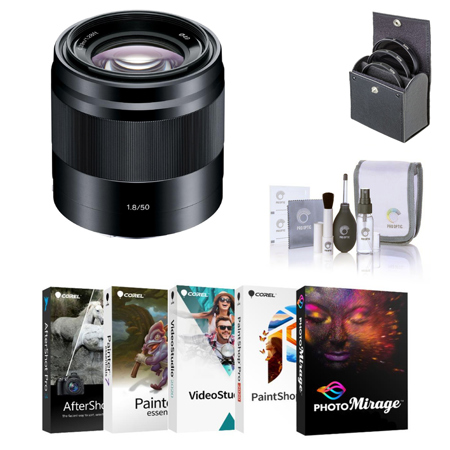 Sony E 50mm f/1.8 OSS Lens for Sony E, Black, Bundle with 49mm Filter Kit,  Cleaning Kit, PC Software Kit