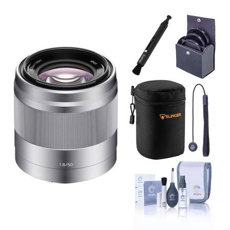 Sony E 50mm f/1.8 OSS Lens for Sony E, Silver, Bundle with 49mm Filter Kit, Lens Case, Lens Cleaner, Cleaning Kit, Lens Cap Tether