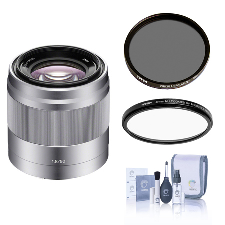 Sony E 50mm f/1.8 OSS Lens for Sony E, Silver, Bundle with Tiffen 49mm UV and CPL Filters
