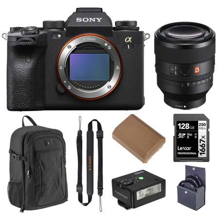 Sony Alpha 1 Mirrorless Camera, Bundle with FE 50mm f/1.2 G Master Lens, Alpine 200 Backpack, 128GB UHS-II SDXC Memory Card, Extra Battery, 72mm Filter Kit, iM30 Mini Flash, Quick Release Sling Strap